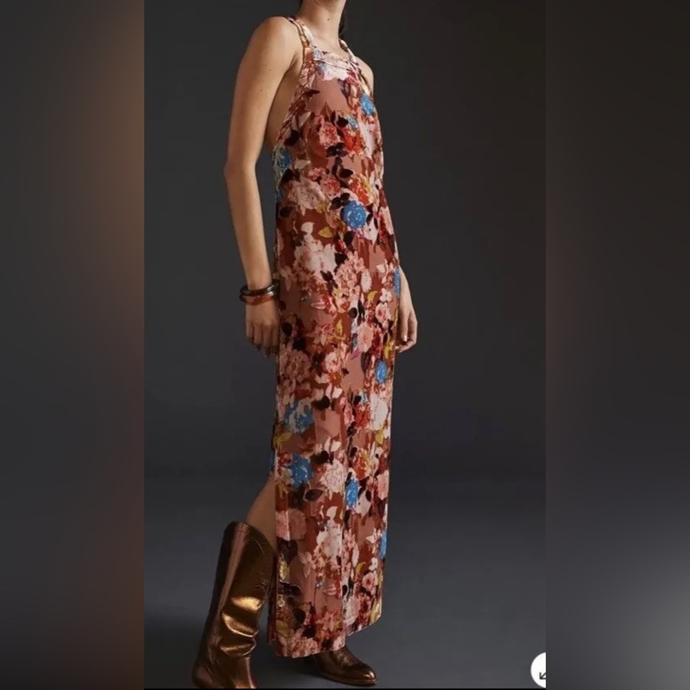 Anthropologie Floral Maxi Dress in Rust with Blue Accents